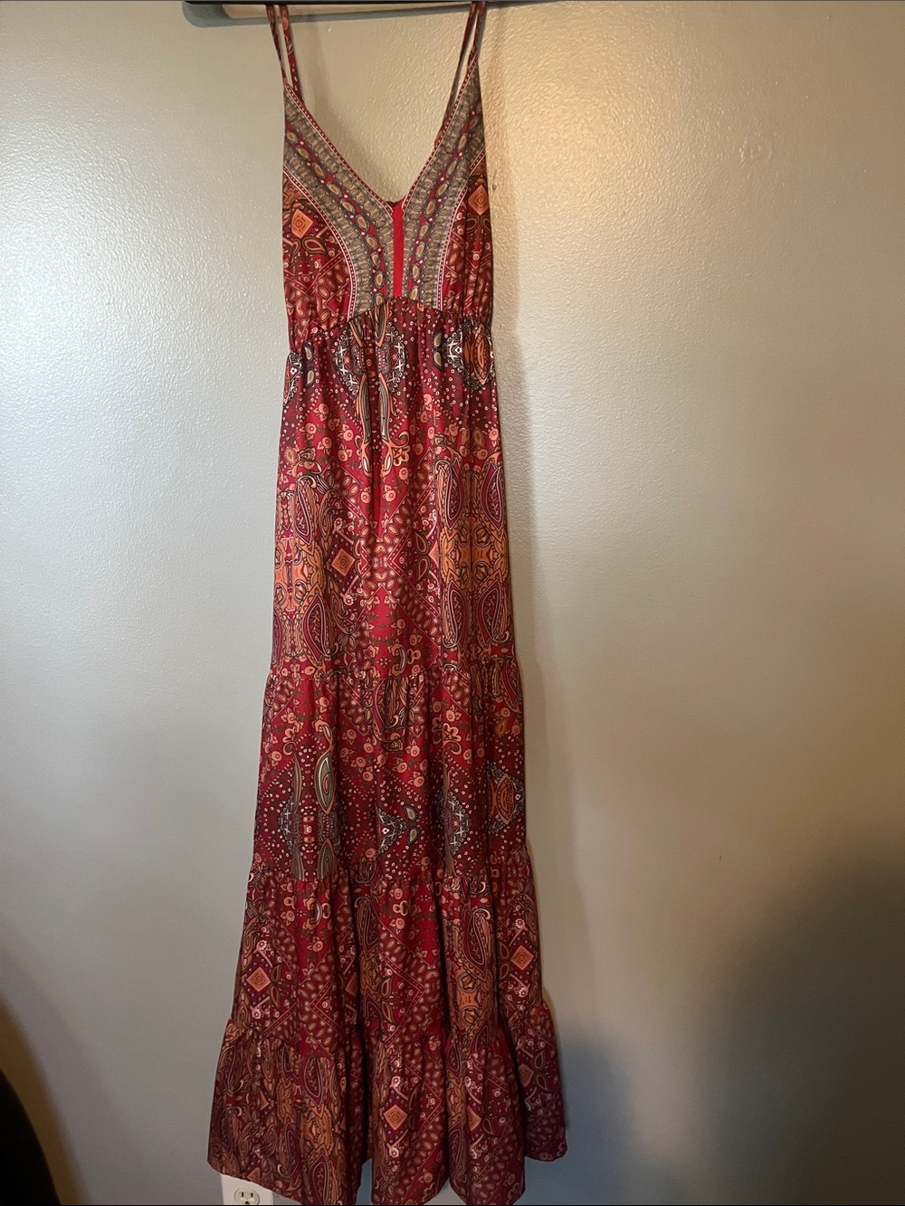 Boho Red Paisley Maxi Dress with Spaghetti Straps